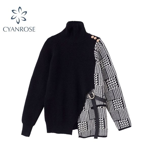 

winter women sweaters plaid patchwork irregular loose long sleeve design jumpers turtleneck sweater pullover female thicken 210515, White;black