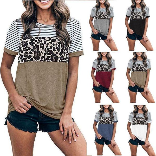 

women's t-shirt awasir 2021 ladies fashion shirts stripe stitched leopard short sleeve round neck pullover casual top, White