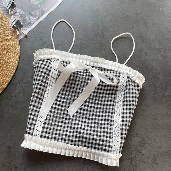 

camisoles & tanks net red waistcoat for women's fashionable retro heavy industry pleated ear edge bra short plaid sling, Black;white