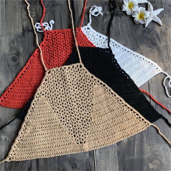 

women's tanks & camis women hollow out plain white halter vest strap crop summer short beachwear crochet bikini tank shirt