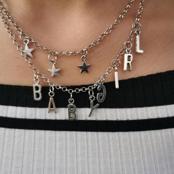 

pendant necklaces fashion alloy metal letter stars female collares punk silver color chain necklace for women trendy bijoux