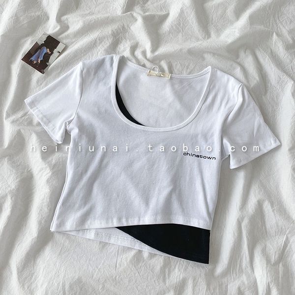 

women's t-shirt fake two piece short bottomed t-shirt summer 2021 wear o-neck casual pullovers korean sleeve trend 7w10, White
