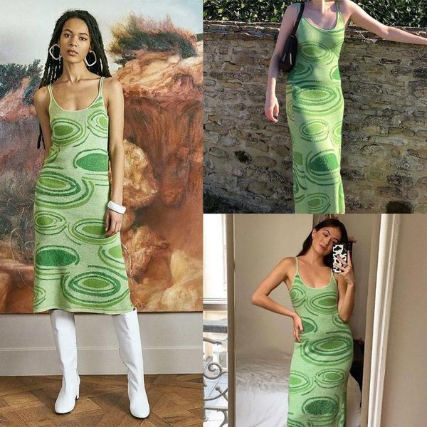 

casual dresses summer dress 2021 print knit bodycon women green sleeveless y2k beach hollow midi out party spaghetti strap s l6m5, Black;gray