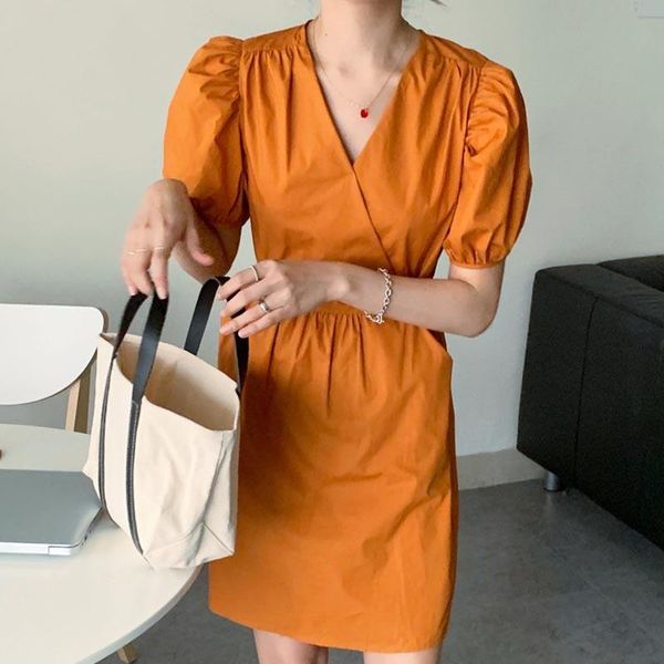 

korean chic summer temperament gentle and thin v-neck cross high waist small short puff sleeve dress female party dresses, White;black