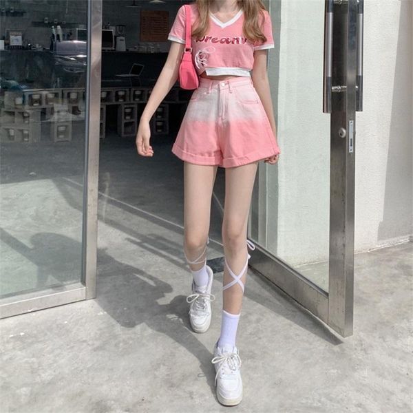 

women's jeans vintage kawaii pink black tie dye short pant summer preppy style gradient simplicity high waist denim girls a-line shorts, Blue