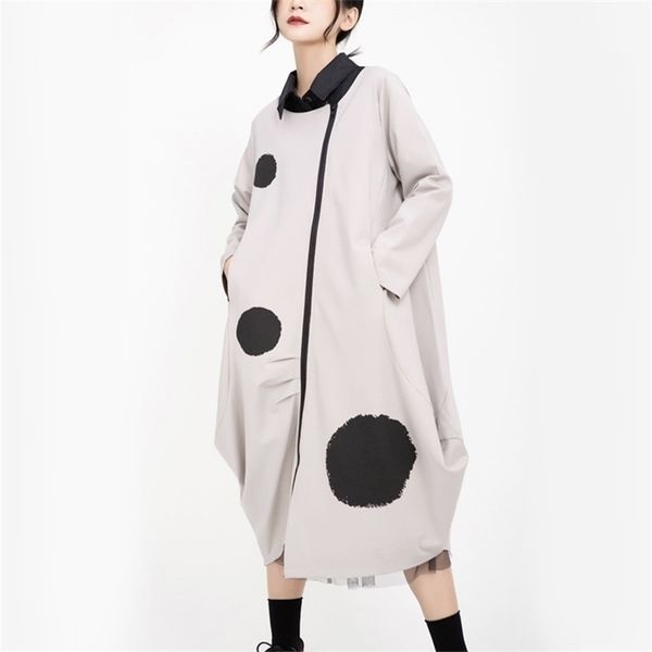 

korean women's wear autumn hong kong flavor wave dot printing irregular cardigan niche design dress 210416, Black;gray
