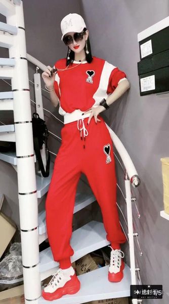 

women's jackets 2021 ami alexandre matiussi hearts casual fashion sports hit color short-sleeved trousers two-piece set f, Black;brown