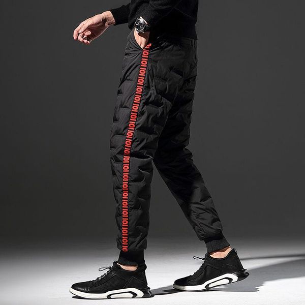 

winter men's down wadded trousers fashion thick warm men white duck pants cotton casual sports m-4xl, Black
