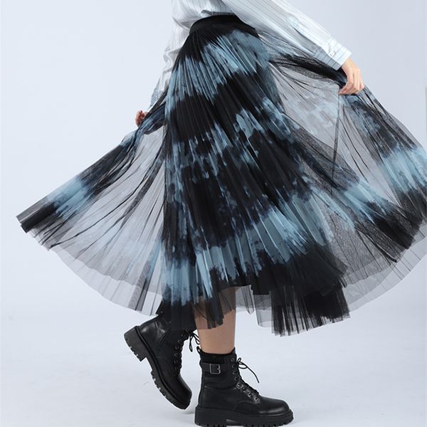 

skirts runway women 2021 spring summer brand designer tie dye long maxi skirt female 3 layered mesh tulle pleated skirts, Black