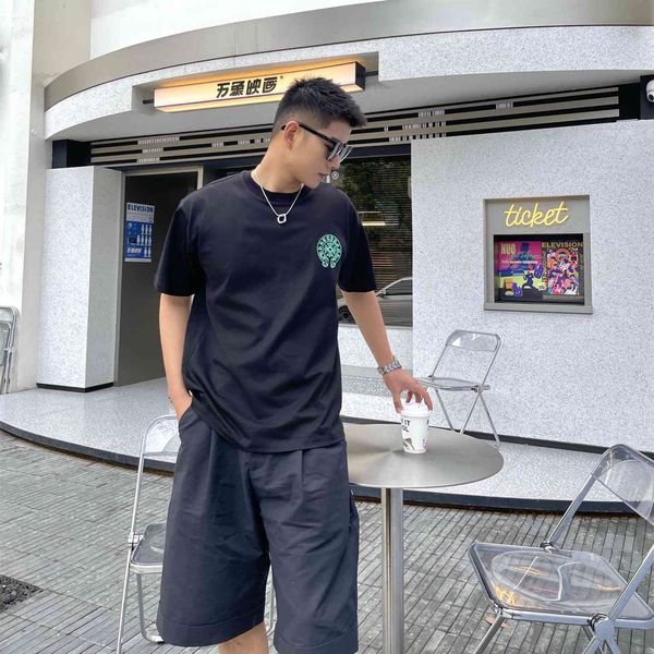 

2021 spring summer new couple cross embroidered chrome/hearts heart collar round neck short sleeve t-shirt men and women, White;black