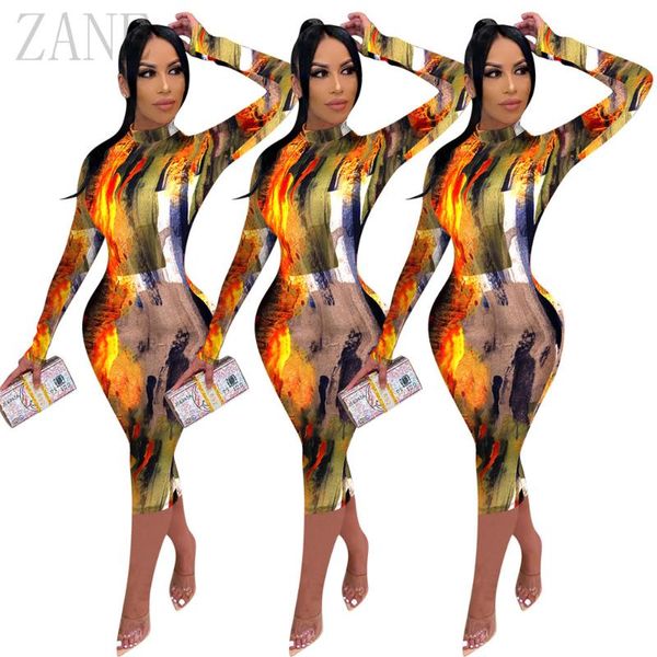 

casual dresses fall winter street print women midi dress long sleeve active bodycon club party pencil turtleneck, Black;gray