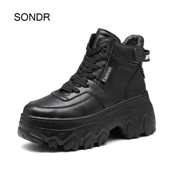 

boots 2021 autumn fashion ladies increased 8cm shoes women sneaker leisure platform breathable casual shoe cross-tied footware, Black