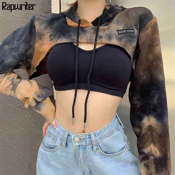 

letter embroidery tie dye oversize cropped hoodie women autumn long sleeve sweatshirt harajuku drawstring 210510, Black