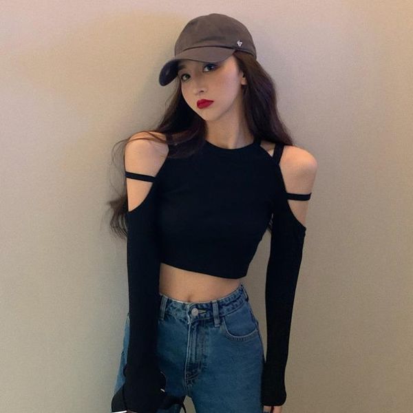 

women's t-shirt autumn korean fashion clothing slim long sleeve hollow out crop female off shoulder t-shirts hipster black tees, White