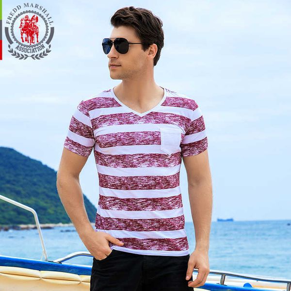 Fredd Marshall Beiläufige gestreifte V-Ausschnitt T-shirt Männer Sommer Marke Baumwolle Männer Kurzarm T-shirt Slim Fit Tops T-Shirts 311 210527