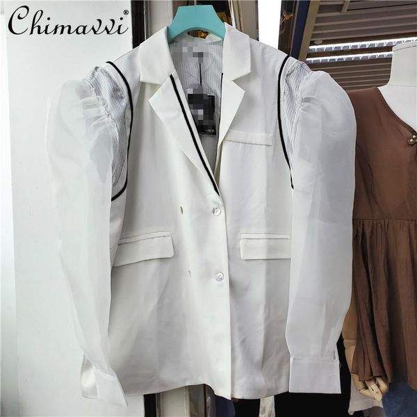 

women's suits & blazers office lady elegant loose fashion organza stitching notched long sleeves white blazer casual single breasted su, White;black