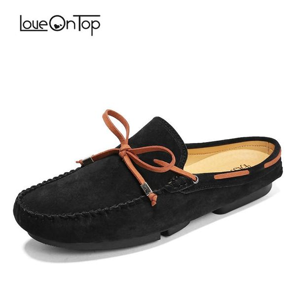 

slippers loveonhalf men summer fashion handmade suede leather men's shoes outdoor butterfly-knot man flat loafers, Black