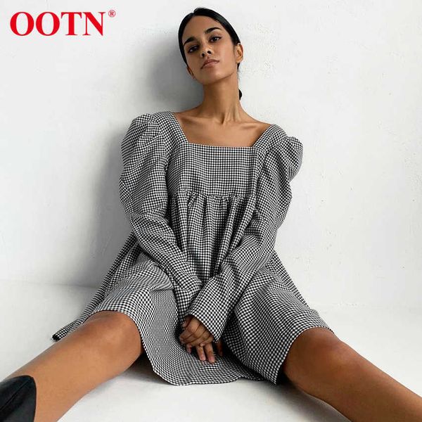 

ootn black white plaid female autumn casual mini dress puff sleeve square neck elegant ladies vintage a line women dresses 2021 p0809, Black;gray