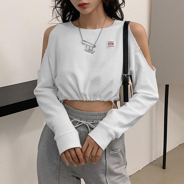 

women's t-shirt o neck off shoulder long sleeve sweater sweetshirts white drawstring high waist slim fit punk t shirt crop