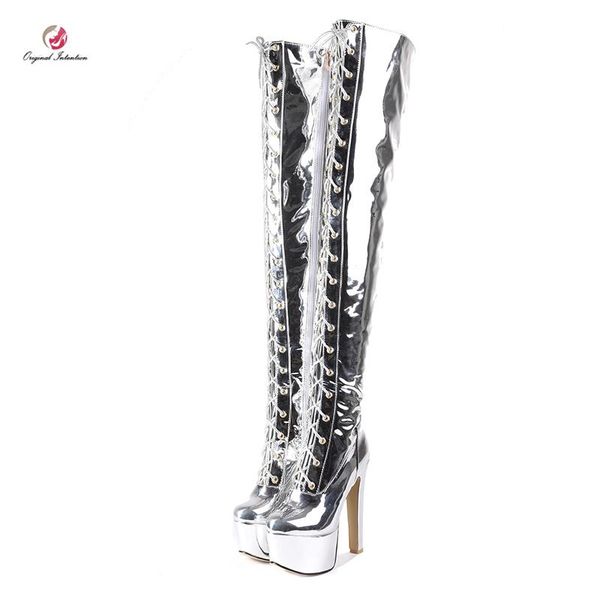 

boots original intention fashion over the knee high woman platfrom super heels winter mirror silver shoes, Black