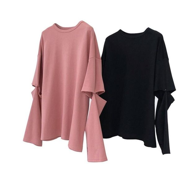 

women's hoodies & sweatshirts spring and autumn solid color street casual fashion cuff hole round neck pullover loose all-match long sl, Black