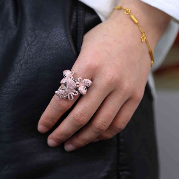 

2021 iced out bling women micro pave pink cz 3 pcs butterfly cocktail finger ring trendy lady jewelry, Silver
