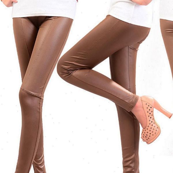 

keep slim shiny women leggings leggins imitation leather spliced pencil pants nine stretchy fitness mujer, Black