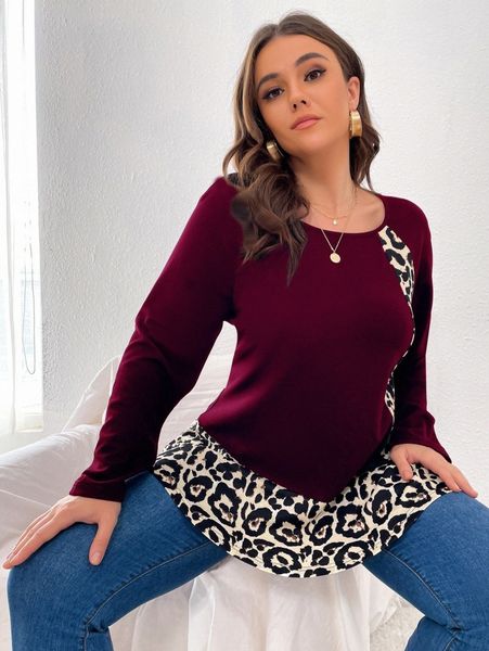 

plus leopard panel raglan sleeve peplum tee o6we#, Black