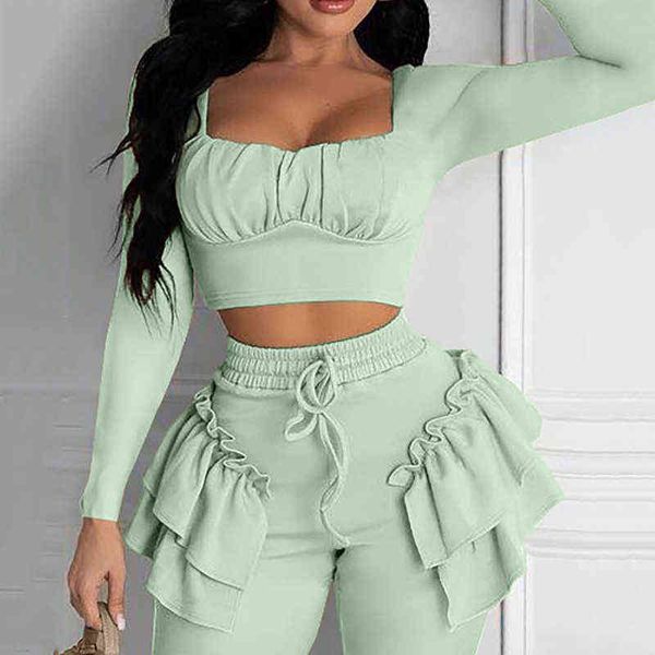 

autumn women long sleeve and drawstring pants two piece set fashion pleated edge sport pant suits female casual outfits 211118, White