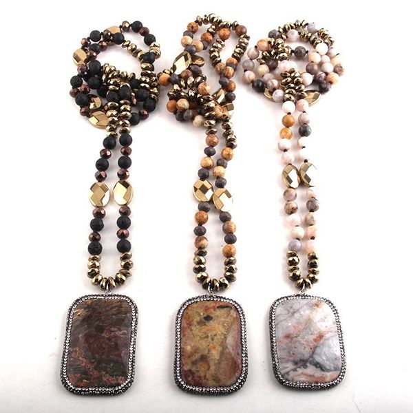 

pendant necklaces rh fashion beaded jewelry natural stones long knotted paved rhinestone semi precious rectangle stone for women, Silver