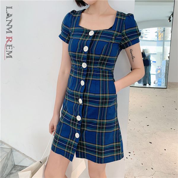 

women plaid single breasted a-line dress square collar neck short puff sleeve fashion tide spring summer 2f0247 210507, Black;gray