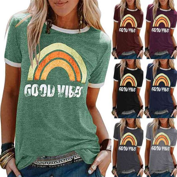 İyi Vibes Gökkuşağı Baskı T-shirt Kadınlar Için Rahat Yaz O-Boyun Kısa Kollu Gevşek Tshirt Kadın Giysileri Artı Boyutu 210623