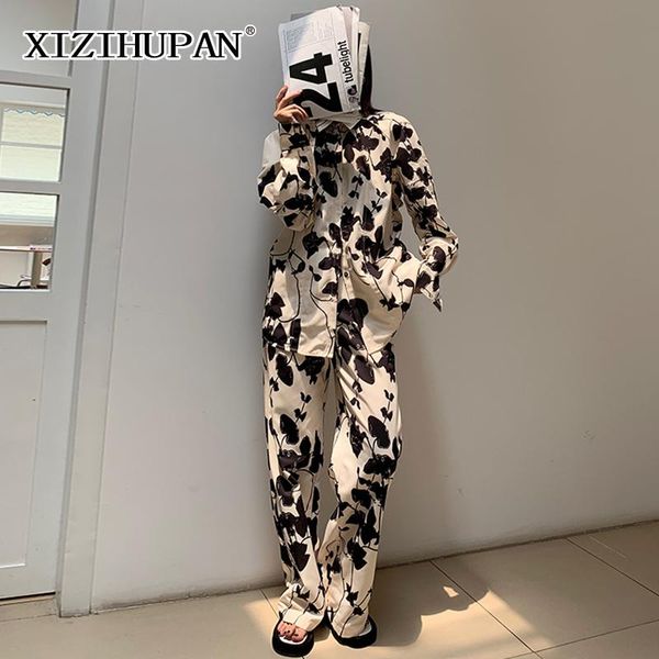 

women's two piece pants xizihupan minimalist print set for women lapel long sleeve high waist full length straight loose sets female, White