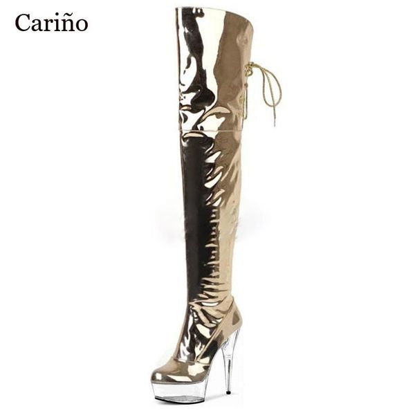 

boots crystal clear platform 15cm high heel patent leather lace up over-the-knee fetish dancing catwalk pumps, Black