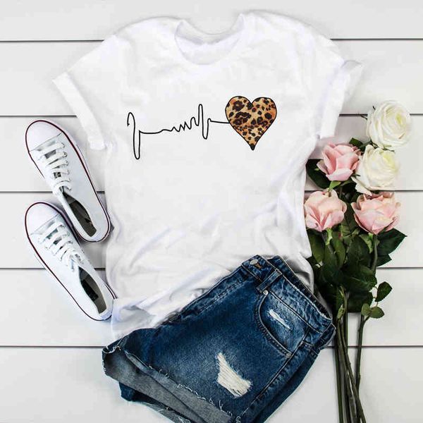 

women's t-shirt women leopard heartbeat short sleeve print clothes ladies womens graphic female tumblr t shirt t-shirts v2ll, White