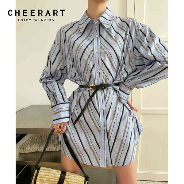 

blue striped button up long shirt women sleeve collar loose casual blouse korean fashion clothing 210427, White