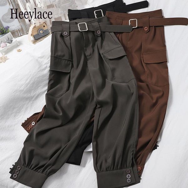 

women's pants & capris autumn cargo solid 2021 pockets fashion casual ropa mujer buttons belt korean vintage pantalones, Black;white