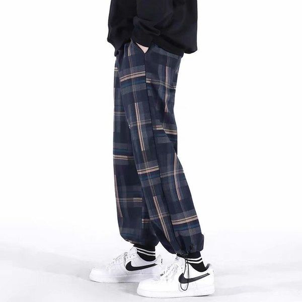 

men's pants harajuku plaid casual loose trend personalized hip hop drawstring leggings nine point, Black
