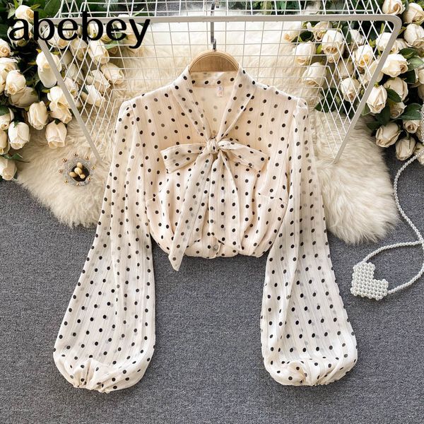 

women korean polka dot blouse sweet bow collar puff sleeve office blouses autumn casual loose streetwear 210512, White