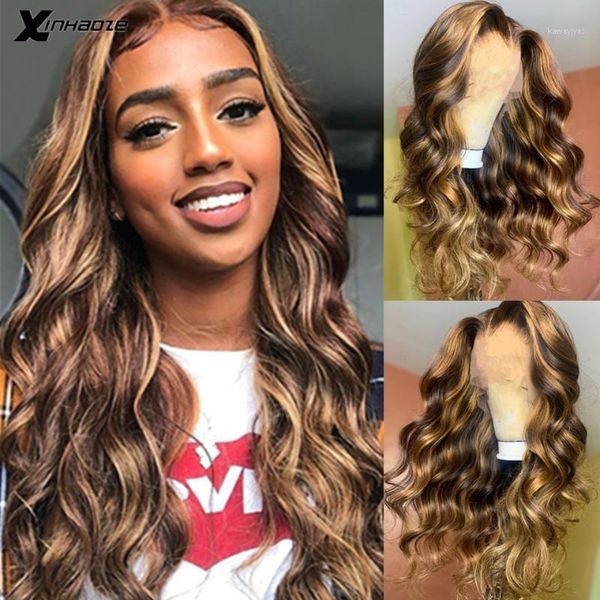 

highlight wig human hair t deep part 13x6 lace front ombre blonde brown wigs body wave brazilian 5*5'' silk base wigs1, Black;brown