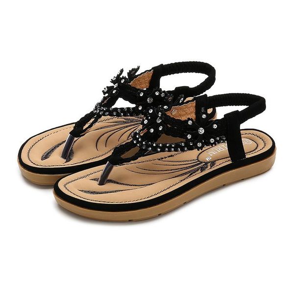 

summer sandals women flat shoes casual bohemia beach girl flowers elastic band, Black