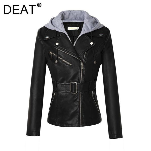 

women's leather & faux [deat] 2021 autumn fashion tide long sleeve hooded collar splicing temperament loose pu jacket women 13z957, Black