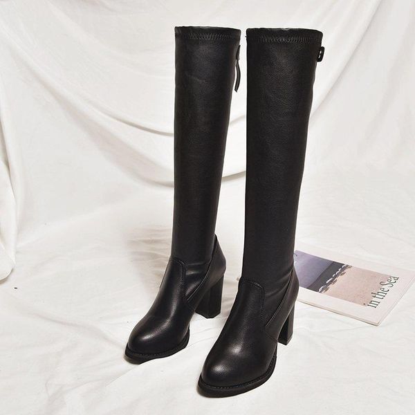 

boots leather women knee high pointed toe long chunky block heel black