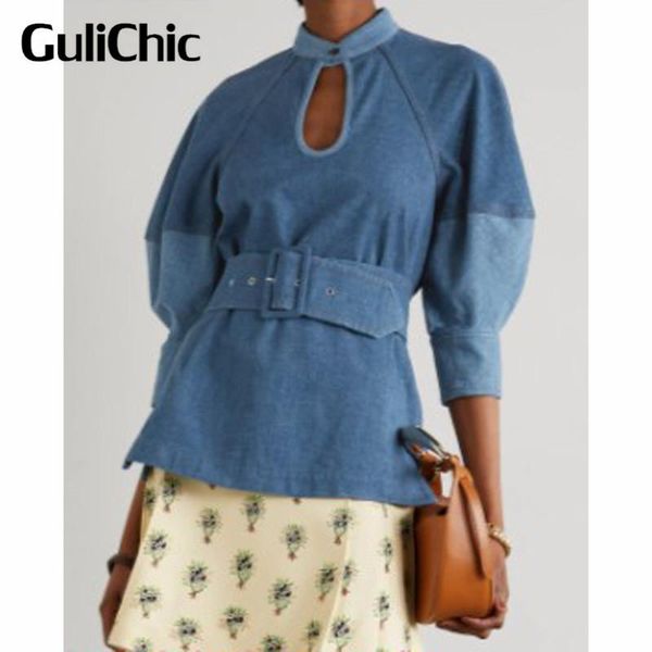 

women's blouses & shirts 7.14 high end quality fashion hollow out patchwork puff sleeve denim shirt blouse women with belt, White
