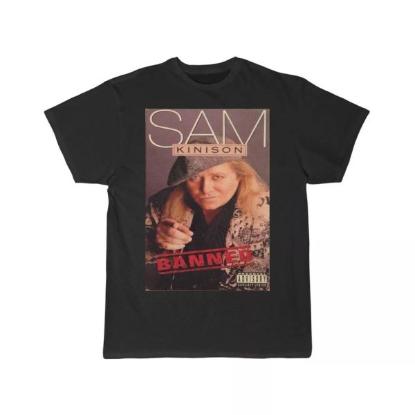 

sam kinison banned in the usa men's short sleeve tee, White;black