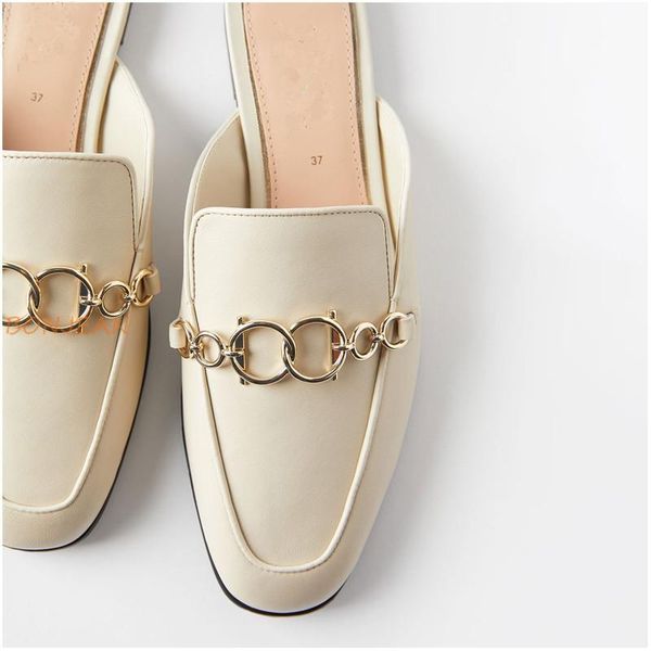 

slippers design fashion summer slides shoes metal mules round toe lady flats heel women black