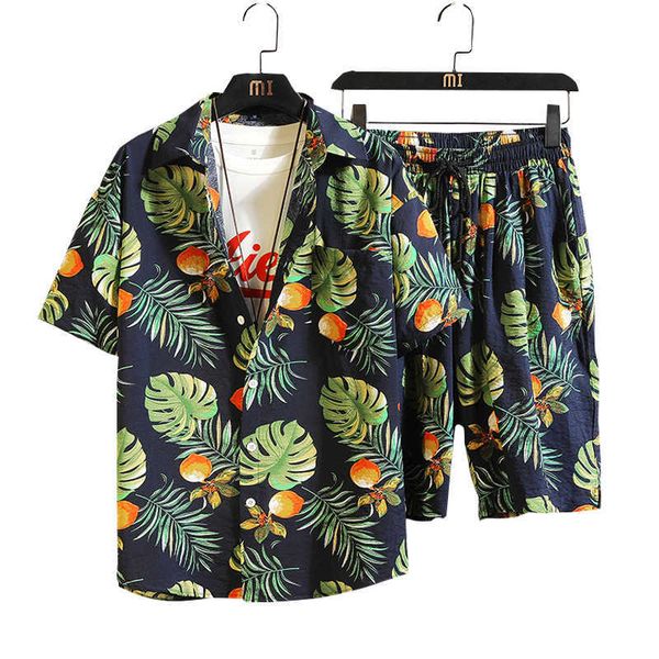 

men hawaiian print shirt sets summer short sleeve men button casual floral shirt suit coconut daily beach shorts 2-piece 210603, Gray