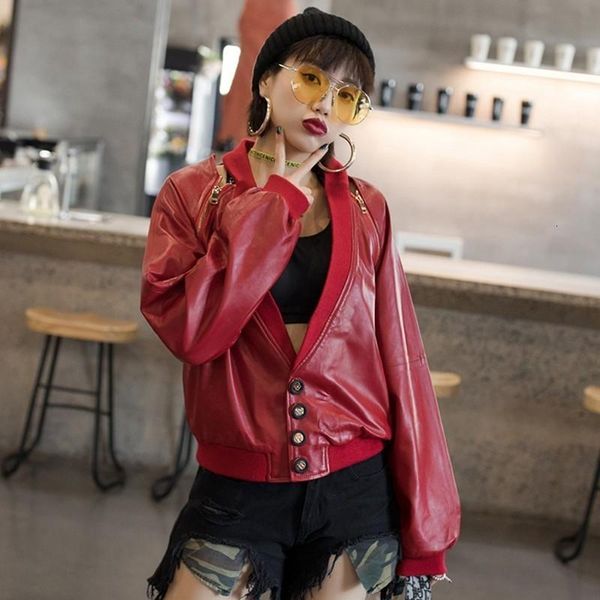 

women's leather & faux collar five needle deep shoulder sheepskin short jacket fashion single button real thin coat, Black