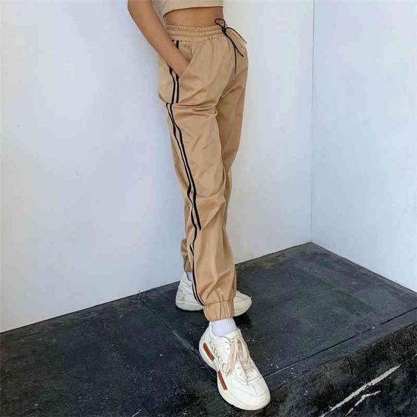 

causal women striped straight trousers fashion ladies stylisht elastic waist long pants sport female streetwear 210427, Black;white