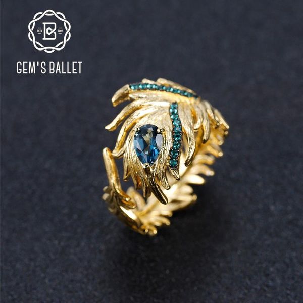 

cluster rings gem's ballet 0.47ct natural london blue z gemstone 925 sterling silver handmade adjustable bohemia ring for women, Golden;silver